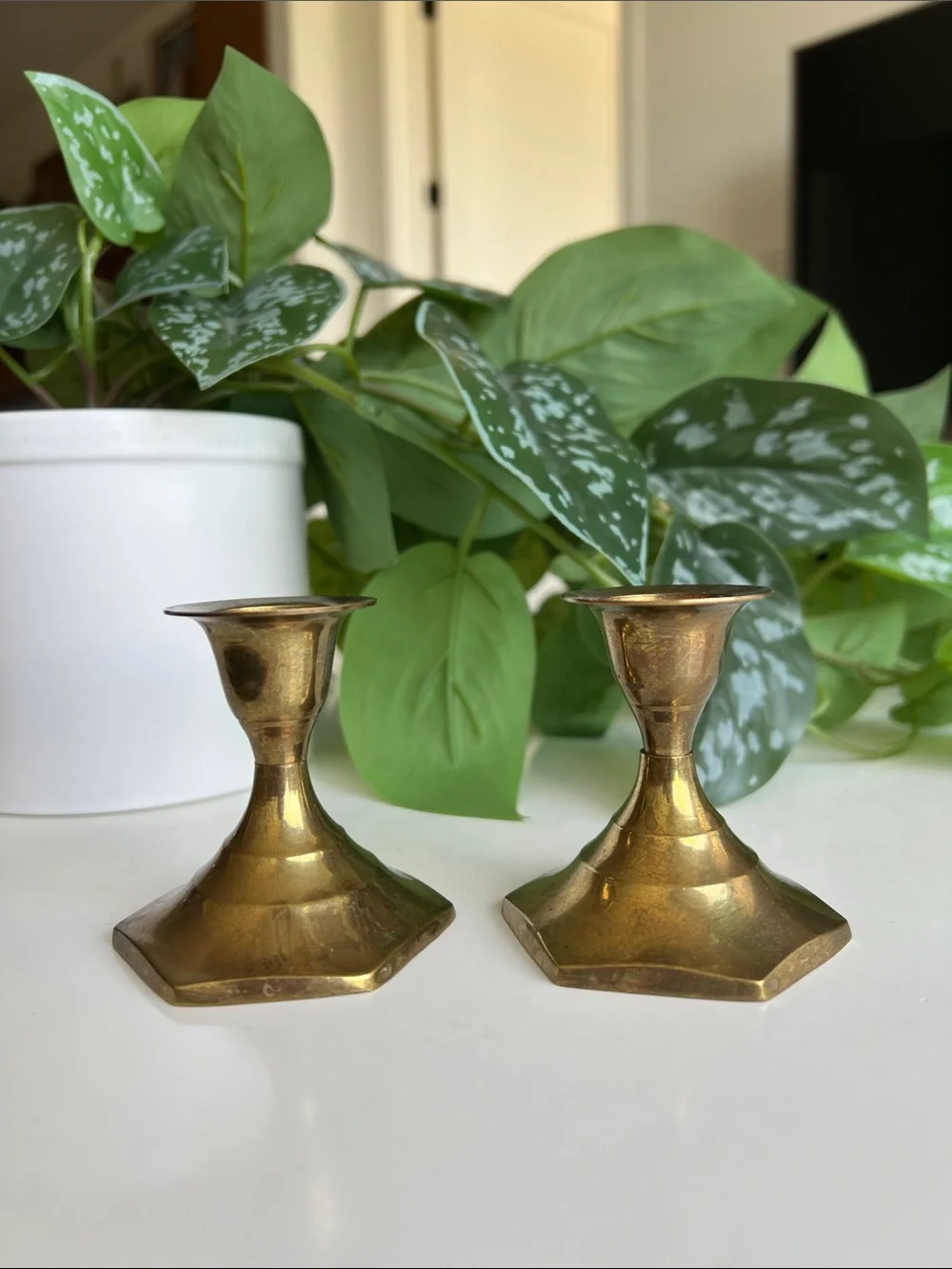 Vintage Brass Candle Holders Short Pair Set of 2
